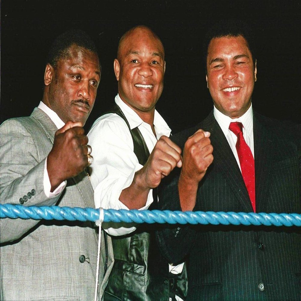 Box Boxing Heavyweight Legends Joe Frazier, George Foreman, and Muhammad Ali - 20"x24" Photo, Mounted in 22"x28" Double Matt and Framed with Plexi Glass