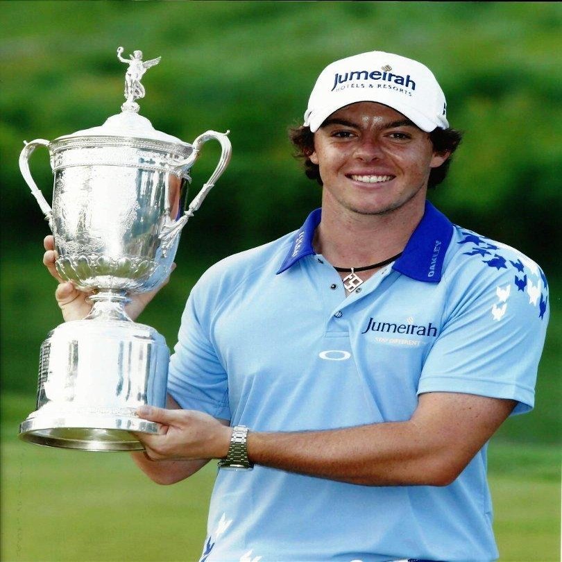 Golf Collectibles Rory McIlroy holding the US Open trophy after his first career major victory - 20"x24" Photo, Mounted in 22"x28" Double Matt and Framed with Plexi Glass