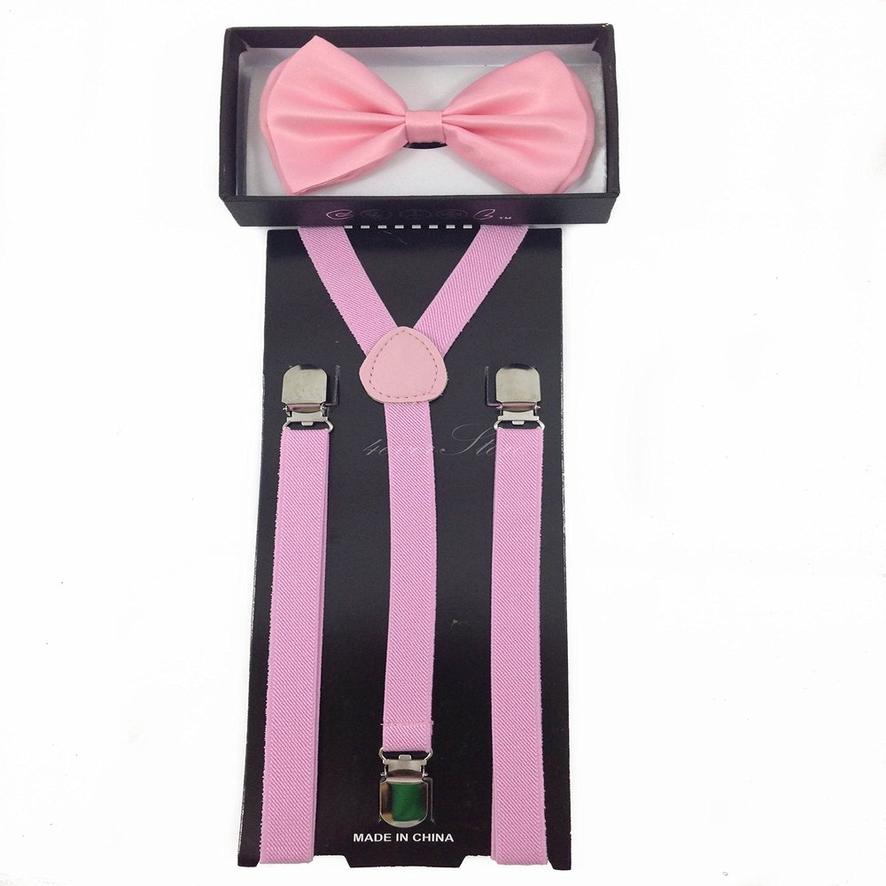 4everStore Unisex's Skinny Bow tie & Suspender Sets (Pink)