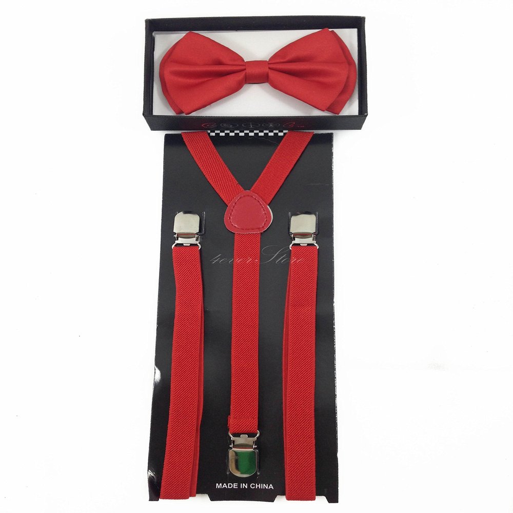 4everStore Unisex's Skinny Bow tie & Suspender Sets (Red)