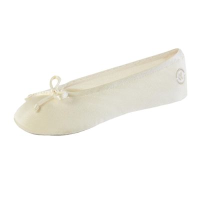 isotoner Women's Classic Stretch Satin Ballerina Slippers with Bow Tie and Leather Sole, Cream, 8-9