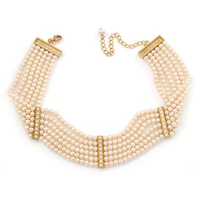 6-Strand White Coloured Faux Pearl Bridal Diamante Choker Necklace in Gold Plated Metal - 30cm L/ 5cm Ext