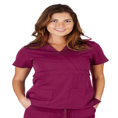 Ultra Soft Brand Scrubs - Premium Womens Junior Fit 3 Pocket Mock Wrap Scrub Top, Burgundy 36144-Medium