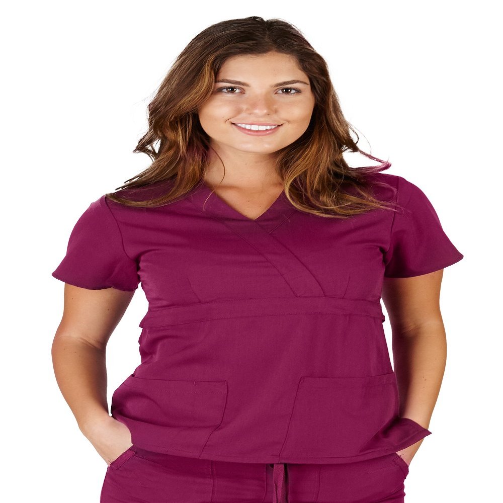 Ultra Soft Brand Scrubs - Premium Womens Junior Fit 3 Pocket Mock Wrap Scrub Top, Burgundy 36144-Medium