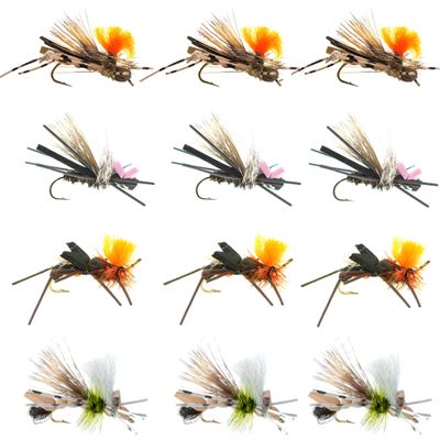 The Fly Fishing Place Dropper Hopper Foam Body Grasshopper Trout Flies Assortment - 12 Dry Flies 4 Patterns - Dry Flies for Stream Fly Fishing