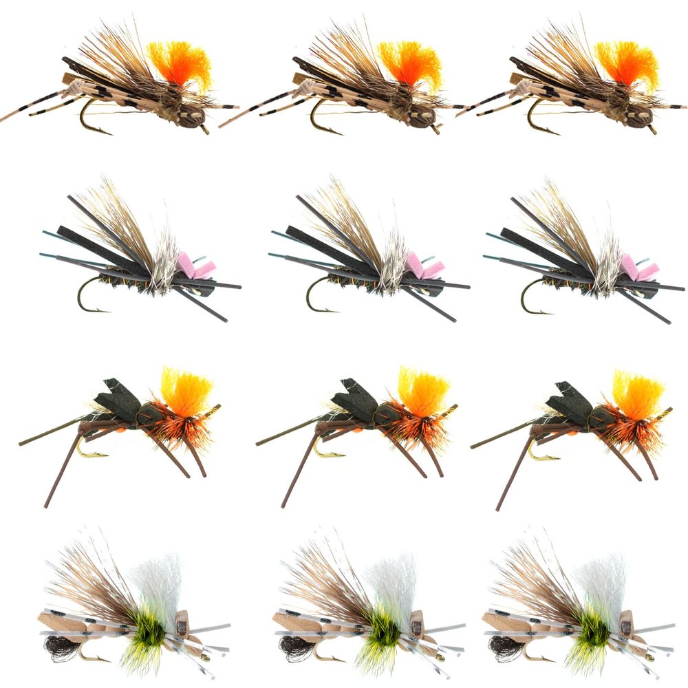 The Fly Fishing Place Dropper Hopper Foam Body Grasshopper Trout Flies Assortment - 12 Dry Flies 4 Patterns - Dry Flies for Stream Fly Fishing