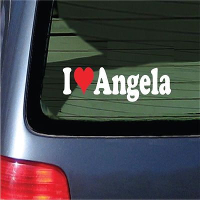 I Love Angela Vinyl Decal - White Lettering with A Red Heart Window Sticker