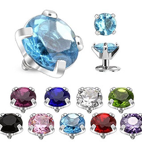 316L Surgical Steel Internally Threaded Prong Set Round Gem Dermal Top Anchor 3mm 14g