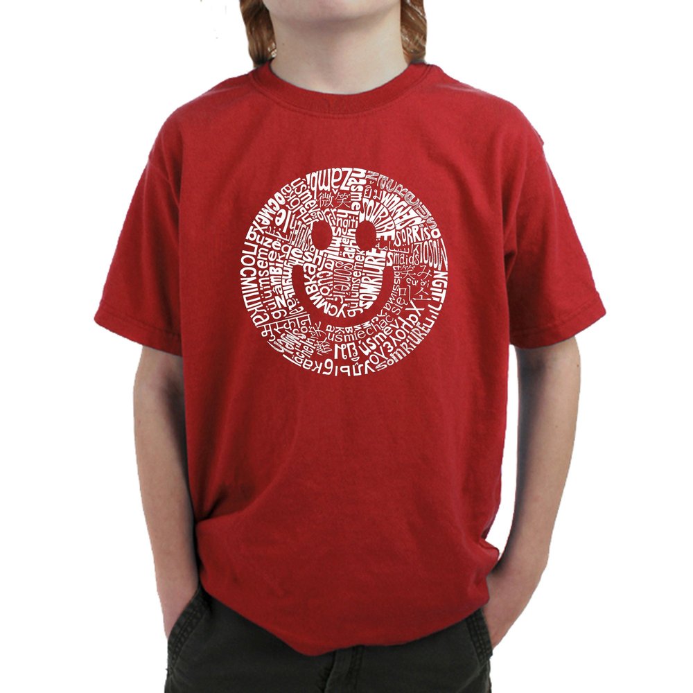 LA POP ART Boys Word Art T-Shirt - Smile Different Languages Word Art Red