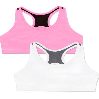 Fruit of The Loom Big Girls' Stay Dry Racerback Sports Bra 2 Pack White/Neon Pink XL