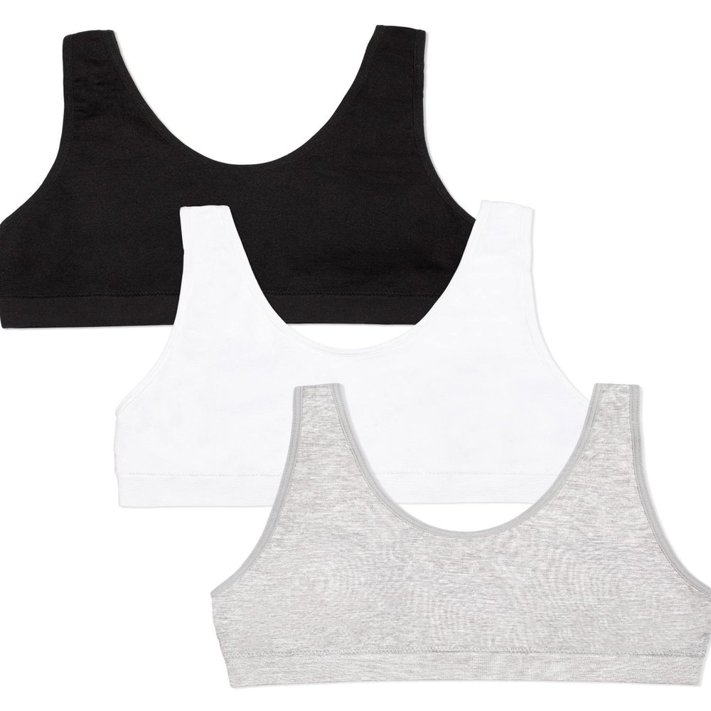 Fruit of The Loom Big Girls' Seamless Stretch Sport Bra 3 Pack Grey Heather/White/Black M