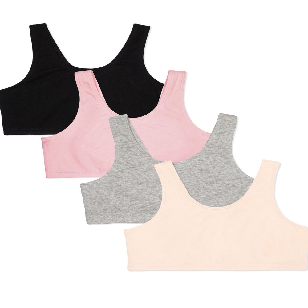 Fruit of the Loom Girls' 4-Pack Cotton Built-Up Stretch Sports Bra, Blushing/Grey Heather/Black/Nude, 40