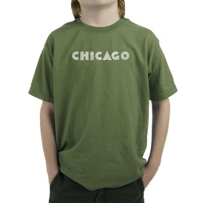 LA POP ART Boys Word Art T-Shirt - Neighborhoods of Chicago Word Art Military Green