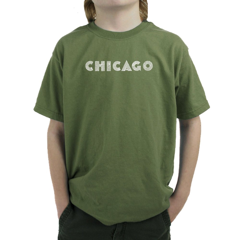 LA POP ART Boys Word Art T-Shirt - Neighborhoods of Chicago Word Art Military Green
