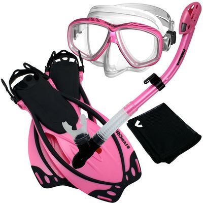 285890-Pink-MLXL, Snorkeling Purge Mask Dry Snorkel Fins Mesh Bag Set