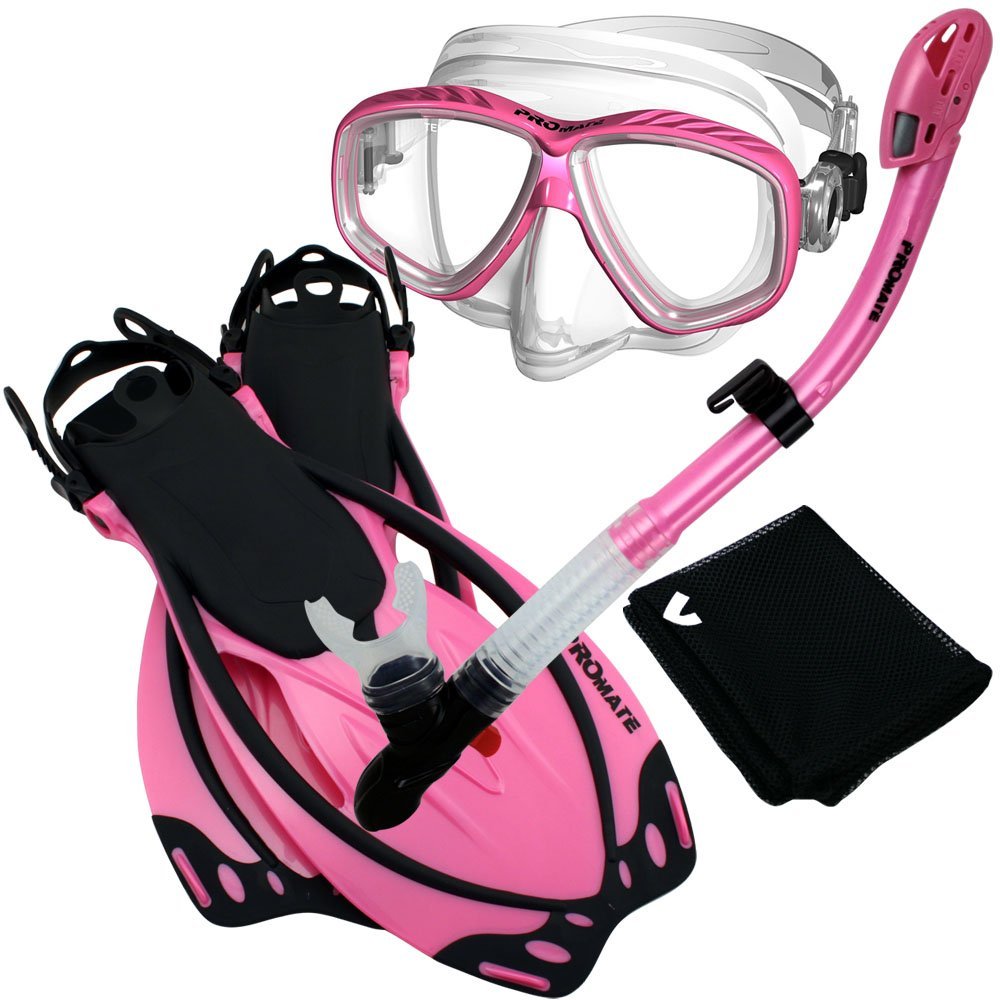 285890-Pink-MLXL, Snorkeling Purge Mask Dry Snorkel Fins Mesh Bag Set