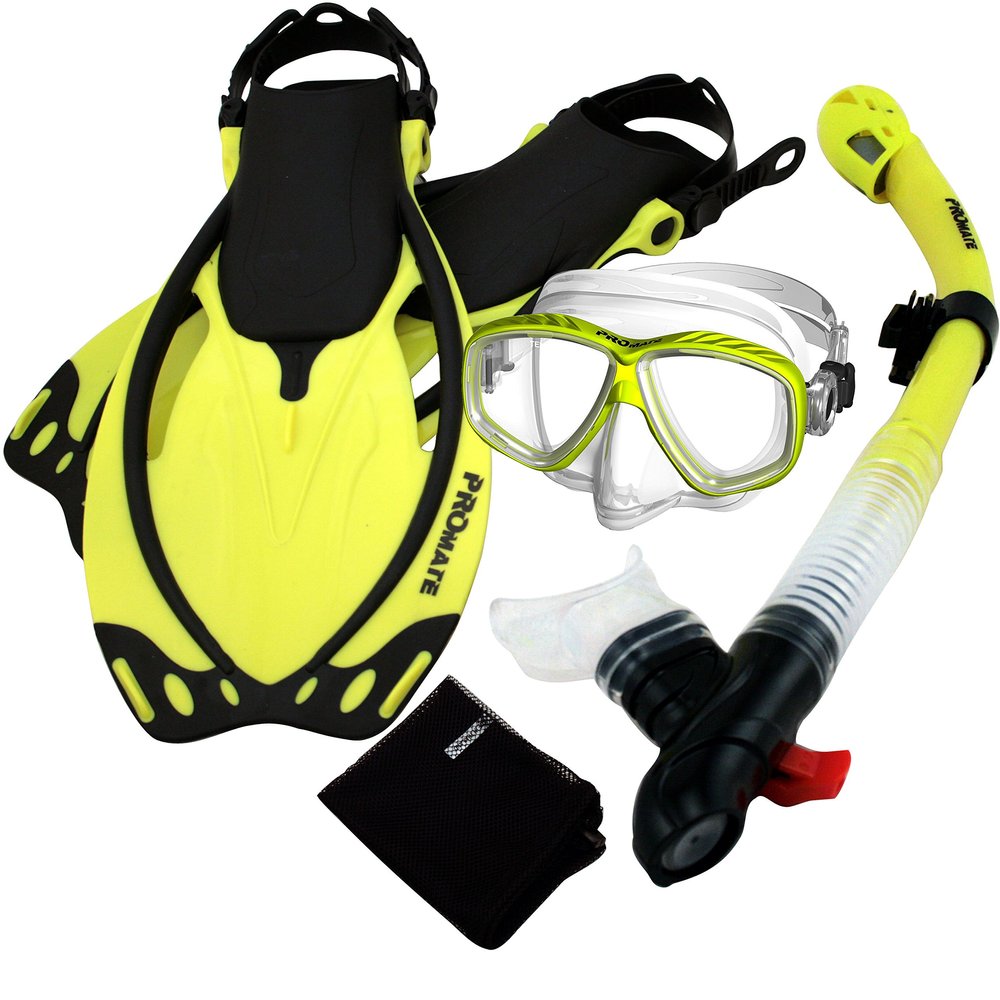 285890-Yel-MLXL, Snorkeling Purge Mask Dry Snorkel Fins Mesh Bag Set