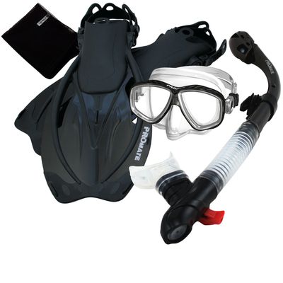 285890-Bk-MLXL, Snorkeling Purge Mask Dry Snorkel Fins Mesh Bag Set