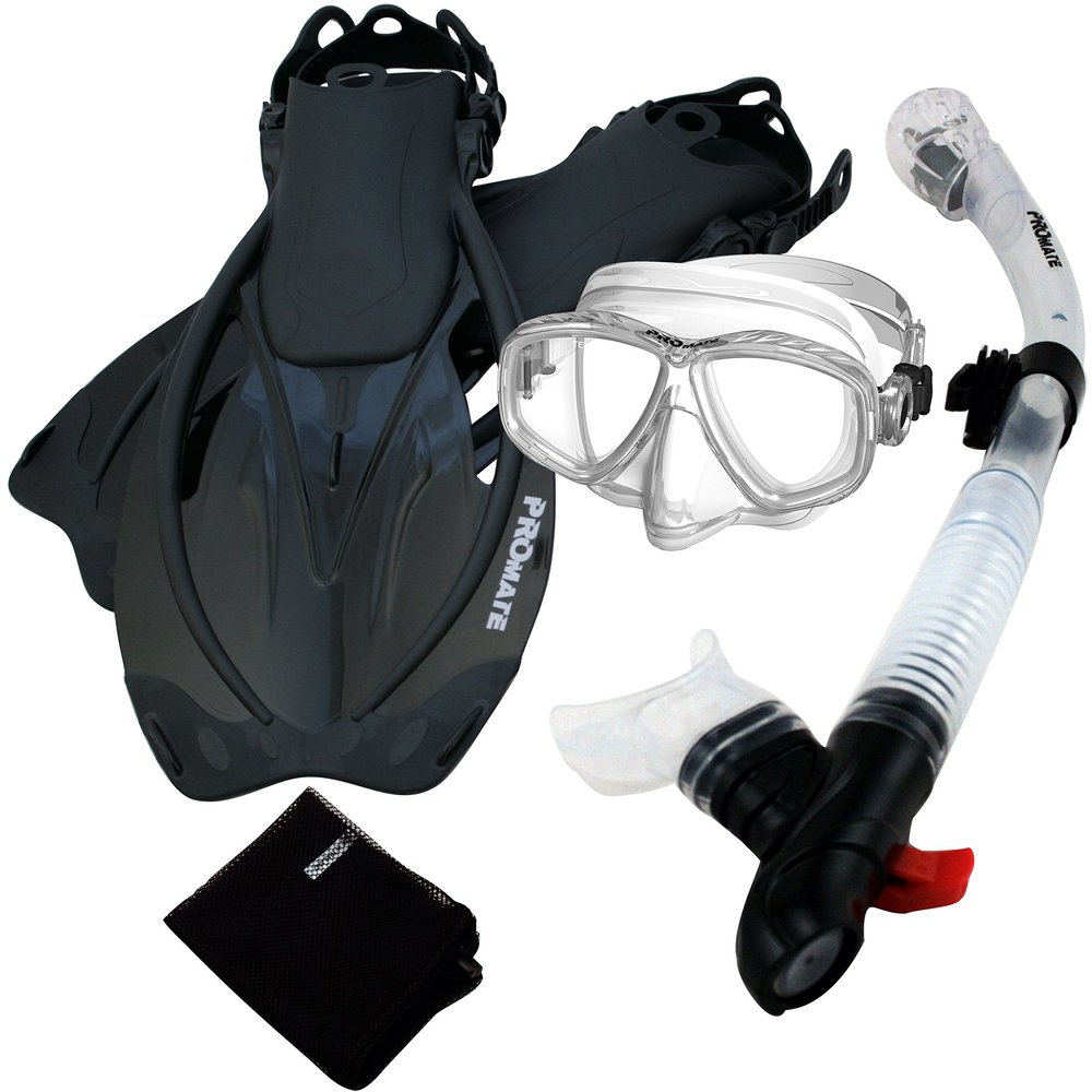 285890-ClrwBk-MLXL, Snorkeling Purge Mask Dry Snorkel Fins Mesh Bag Set
