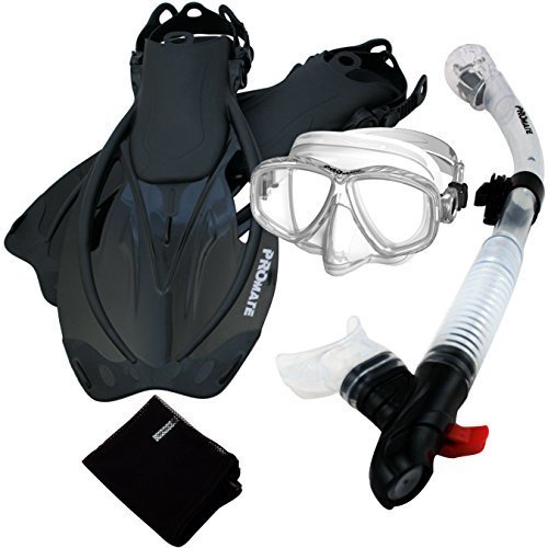 285890-ClrwBk-SM, Snorkeling Purge Mask Dry Snorkel Fins Mesh Bag Set