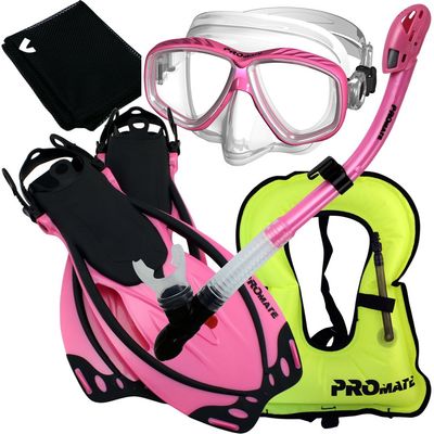 859001-Pink-MLXL, Snorkeling Vest Purge Mask Dry Snorkel Fins Mesh Bag Set
