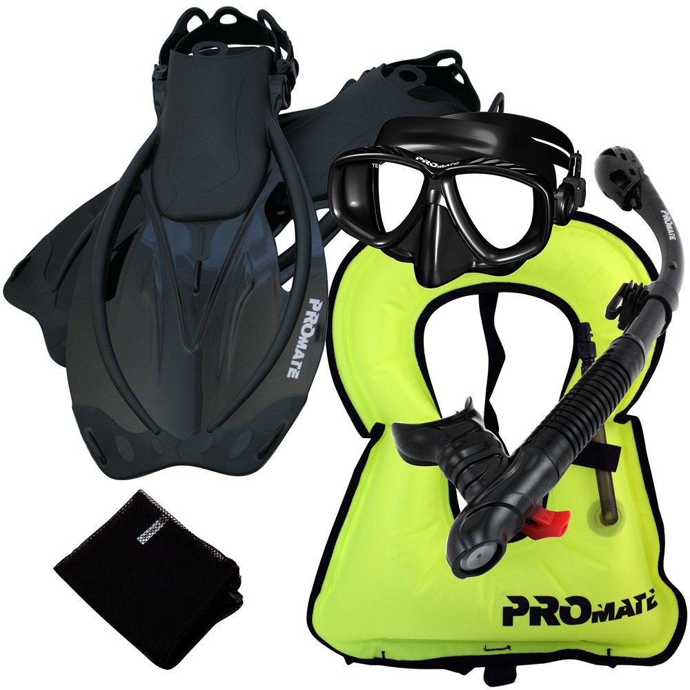 859001-ABk-MLXL, Snorkeling Vest Purge Mask Dry Snorkel Fins Mesh Bag Set
