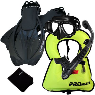 859001-ABk-SM, Snorkeling Vest Purge Mask Dry Snorkel Fins Mesh Bag Set