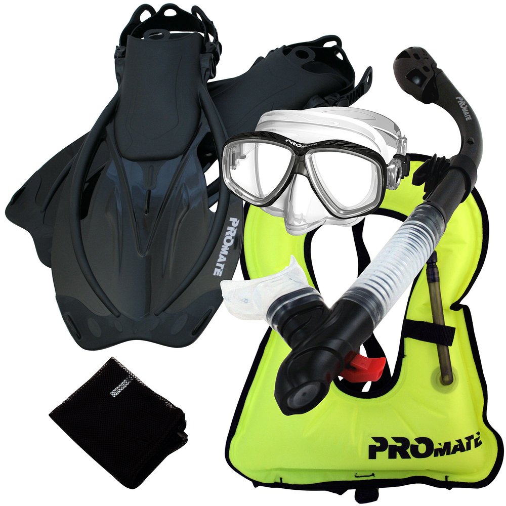 859001-Bk-MLXL, Snorkeling Vest Purge Mask Dry Snorkel Fins Mesh Bag Set