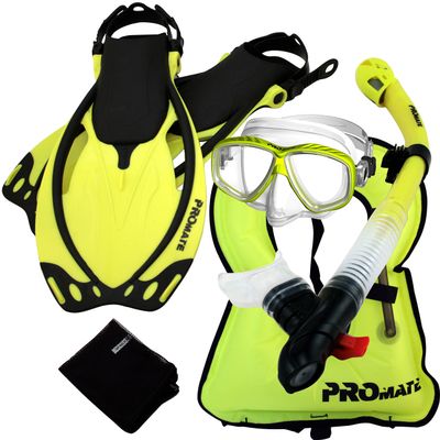 859001-Yel-MLXL, Snorkeling Vest Purge Mask Dry Snorkel Fins Mesh Bag Set