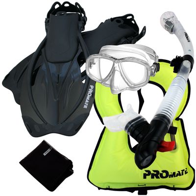 859001-ClrwBk-SM, Snorkeling Vest Purge Mask Dry Snorkel Fins Mesh Bag Set