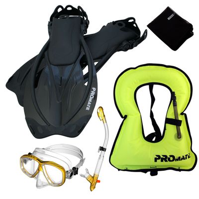 859001-GDN/CLR-SM, Snorkeling Vest Purge Mask Dry Snorkel Fins Mesh Bag Set