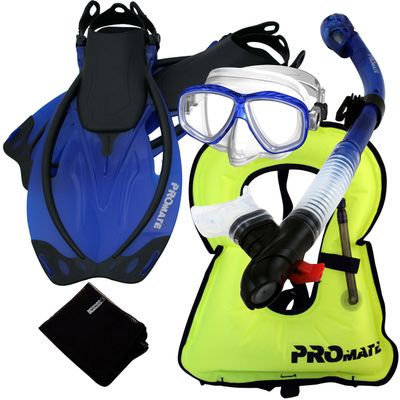 859001-t.Blue-SMSnorkeling Vest Purge Mask Dry Snorkel Fins Mesh Bag Set