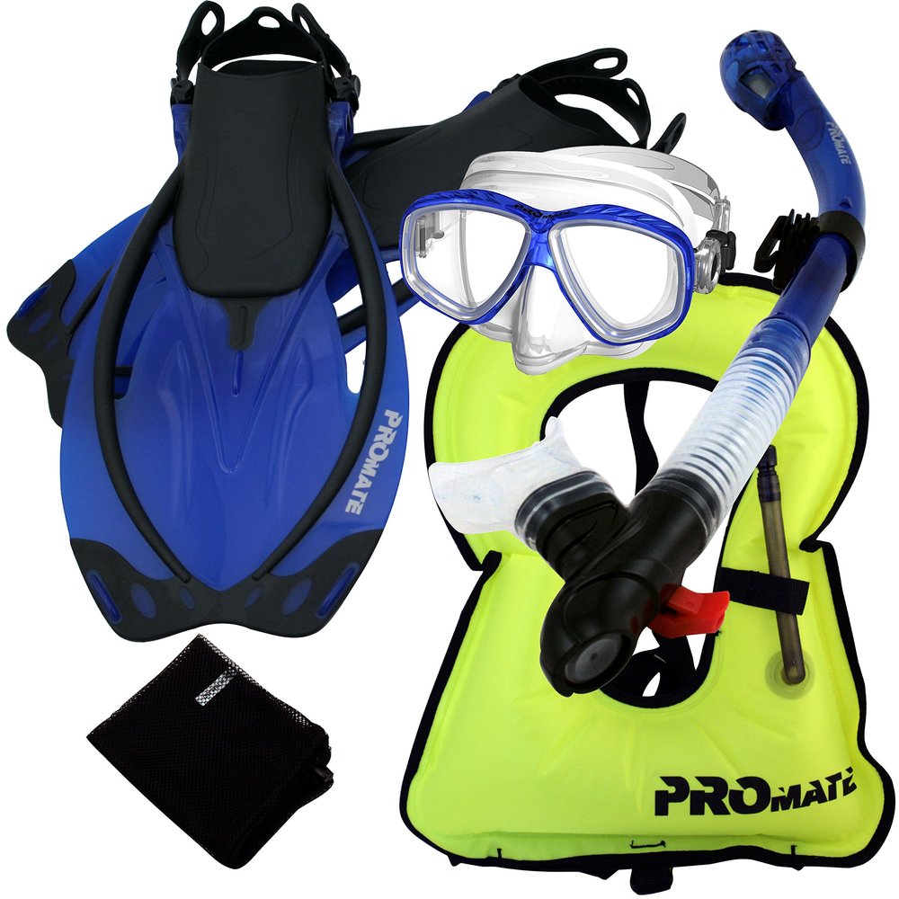 859001-t.Blue-SMSnorkeling Vest Purge Mask Dry Snorkel Fins Mesh Bag Set