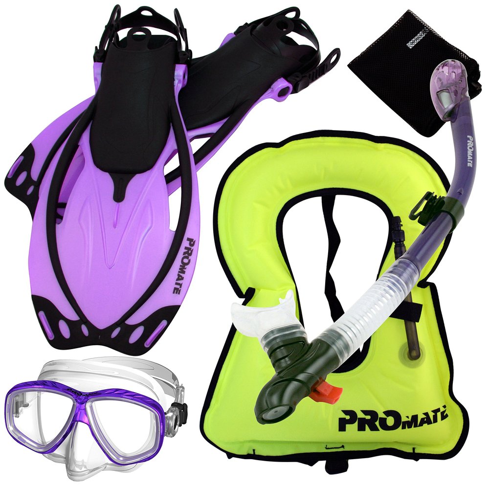 859001-t.Pur-MLXL, Snorkeling Vest Purge Mask Dry Snorkel Fins Mesh Bag Set