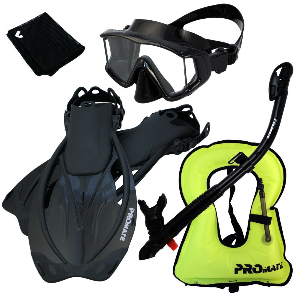 999001-AB-S/M, Snorkeling Vest Scuba Dive Panoramic Purge Mask Dry Snorkel Fins Gear Set