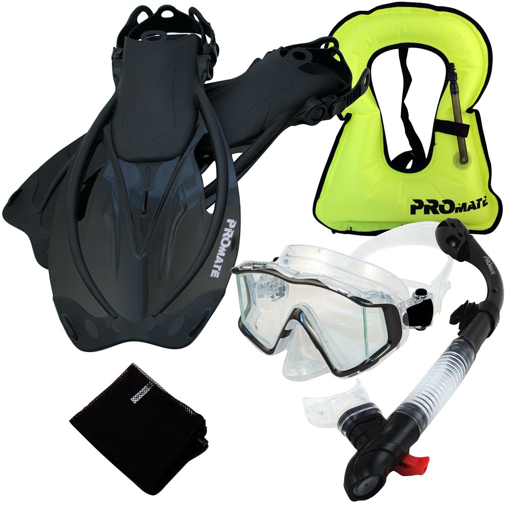 999001-BK-S/M, Snorkeling Vest Scuba Dive Panoramic Purge Mask Dry Snorkel Fins Gear Set