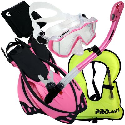999001-Pink-S/M,Snorkeling Vest Scuba Dive Panoramic Purge Mask Dry Snorkel Fins Gear Set