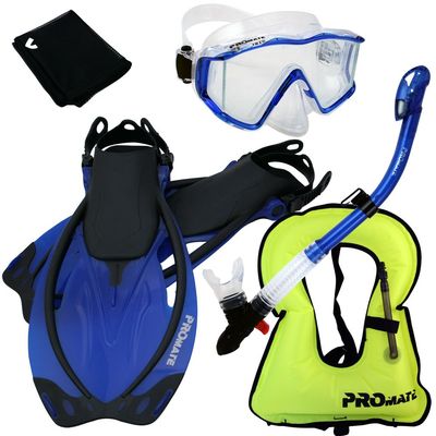999001-Blue-S/M, Snorkeling Vest Scuba Dive Panoramic Purge Mask Dry Snorkel Fins Gear Set