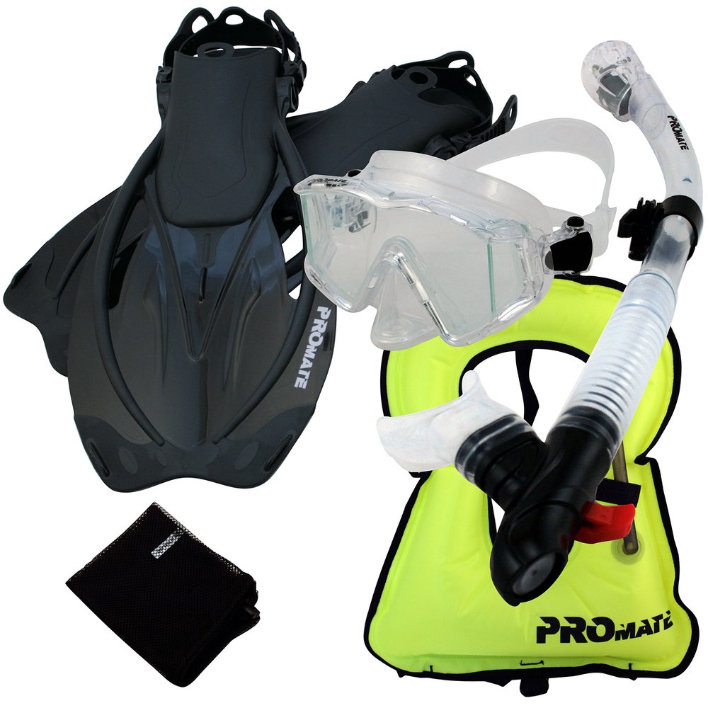 999001-Clr/Bk-ML/XL, Snorkeling Vest Scuba Dive Panoramic Purge Mask Dry Snorkel Fins Gear Set