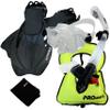 999001-Clr/Bk-ML/XL, Snorkeling Vest Scuba Dive Panoramic Purge Mask Dry Snorkel Fins Gear Set view 1