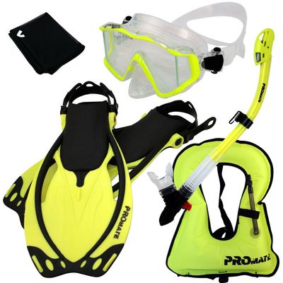 999001-Yellow-ML/XL, Snorkeling Vest Scuba Dive Panoramic Purge Mask Dry Snorkel Fins Gear Set