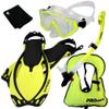 999001-Yellow-ML/XL, Snorkeling Vest Scuba Dive Panoramic Purge Mask Dry Snorkel Fins Gear Set view 1