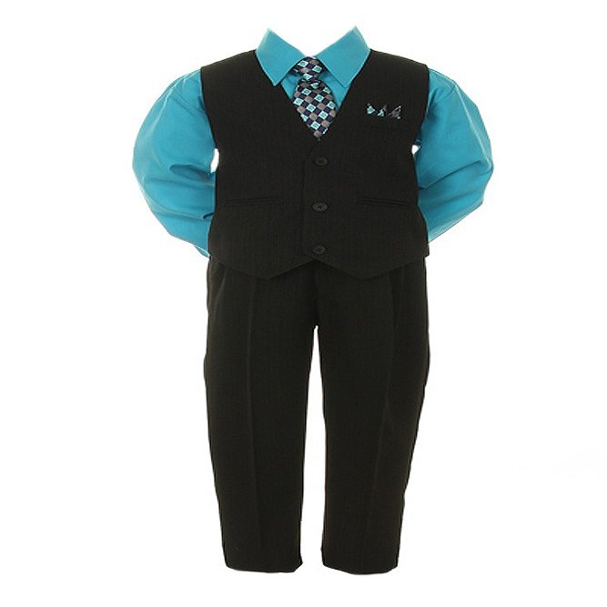 Boys Black Pinstripe Vest Suit with Turquoise Shirt Size 2T