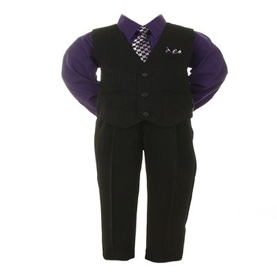 Boys Black Pinstripe Vest Suit with Purple Shirt Size 2T