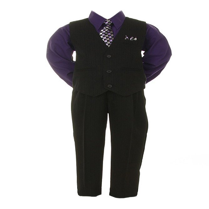 Boys Black Pinstripe Vest Suit with Purple Shirt Size 2T
