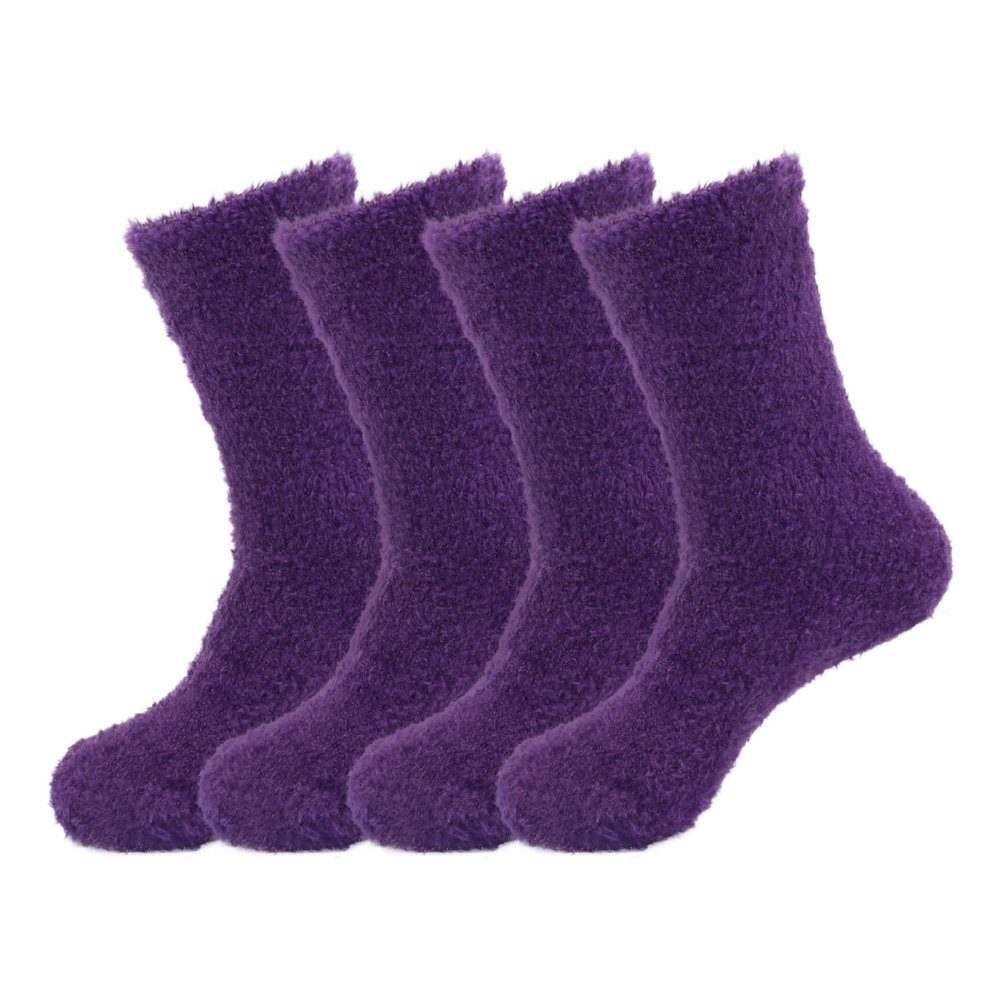 BambooMN Women's Super Soft and Cozy Feather Light Fuzzy Home Socks - Pirate Purple - 4 Pair Value Pack - Size 4-10