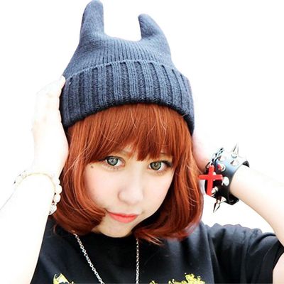 Girl's Winter Cute Devil Horn Cat Ear Slouchy Crochet Knit Beanie Ski Hat Cap Gray