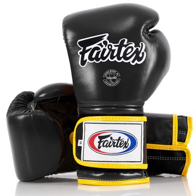 Fairtex Muay Thai Boxing Gloves BGV9 - Heavy Hitter Mexican Style Training & Sparring Gloves for Kick Boxing MMA K1 (Black/Yellow Piping, 12 oz)