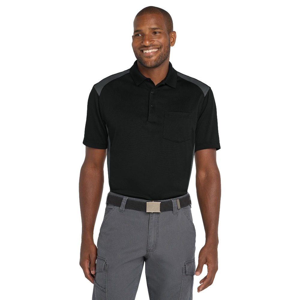 CornerStone Unisex Select Snag-Proof Two Way Colorblock Pocket Polo | Collared Work Shirt for Men & Women, Casual Short Sleeve Top for Golf & Tennis, Polos/Knits, Black/Charcoal, XS
