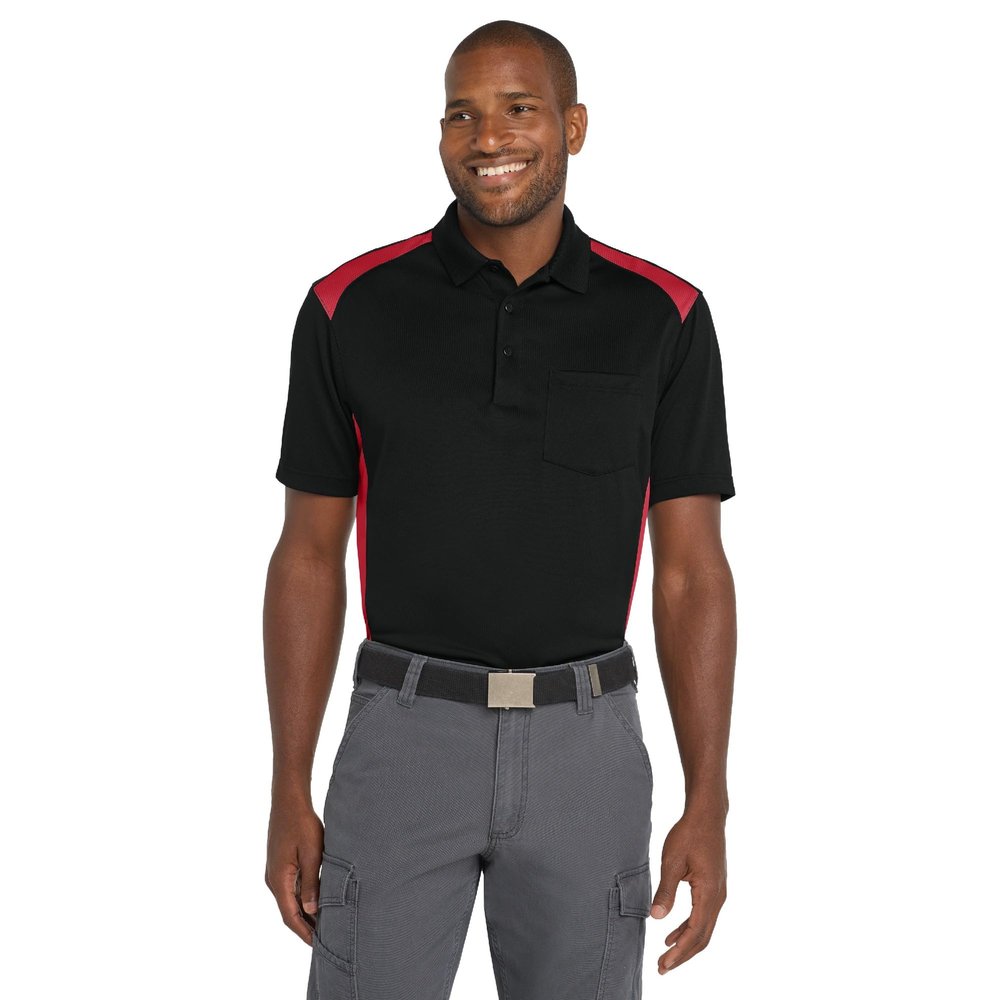 CornerStone Unisex Select Snag-Proof Two Way Colorblock Pocket Polo | Collared Work Shirt for Men & Women, Casual Short Sleeve Top for Golf & Tennis, Polos/Knits, Black/Red, M